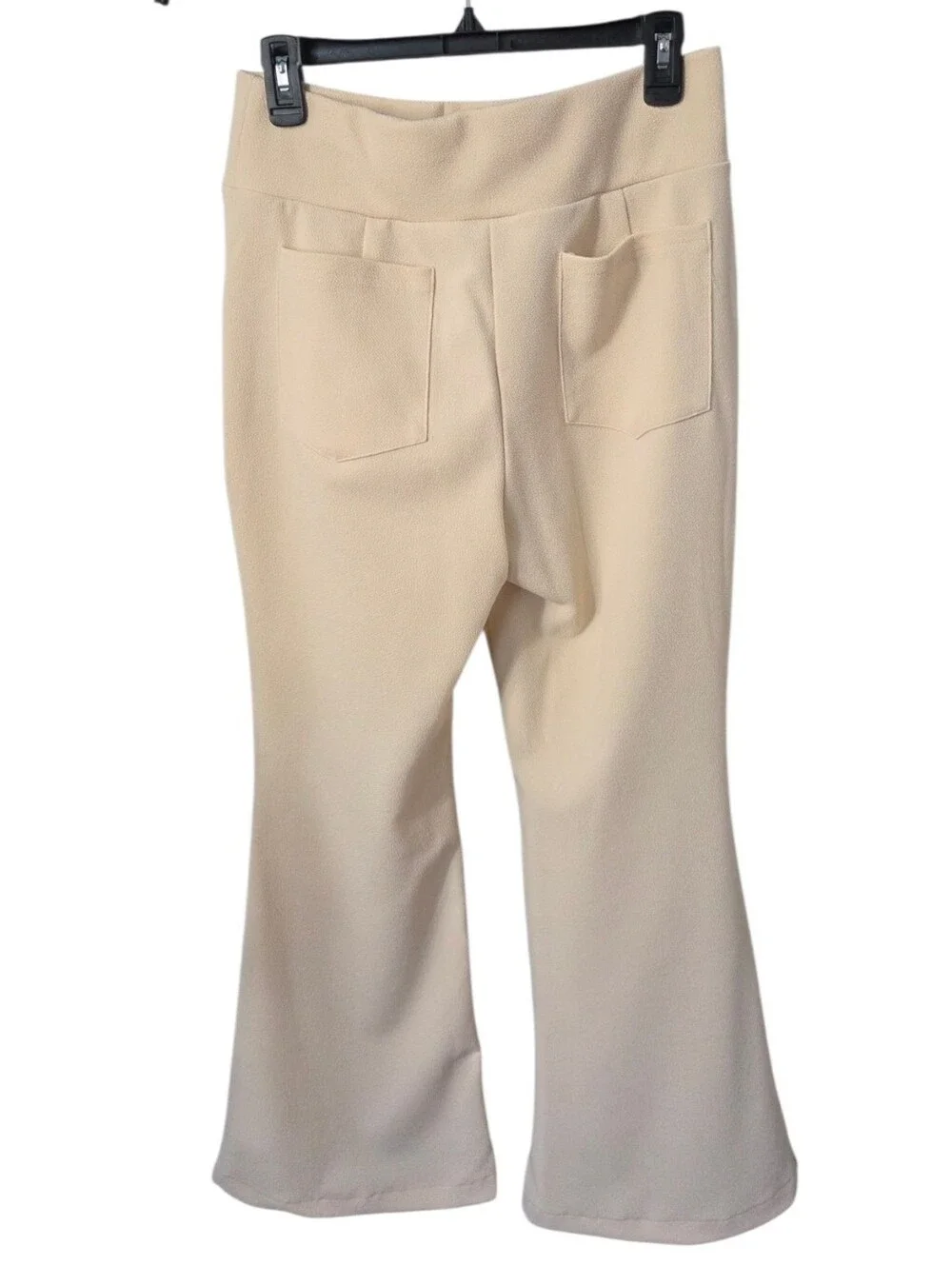 Cream Pull-On Flare Pants Textured Stretch Knit Wide Waistband Large